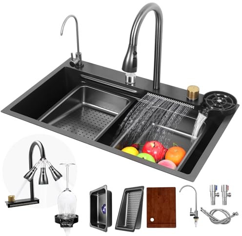 Fulgutonit Évier de Cuisine Cascade, Evier multifonction de Cuisine en Acier Inoxydable, Noir Gris Evier Cuisine Cascade Avec Rinceuse Tasses Robinet Extractible & 4 Modes de Pulvérisation, 75x46CM