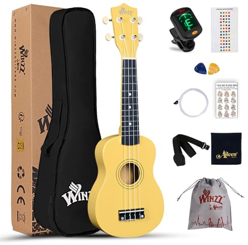 Winzz Ukelele Soprano Starter Kit para Principiante. Incluye: Funda, Afinador, Cuerdas Extra, Correa Ajustable, Púas, Pegatinas de notas, Guía de Acordes y Paño de Pulido. Color: Amarillo Bebé