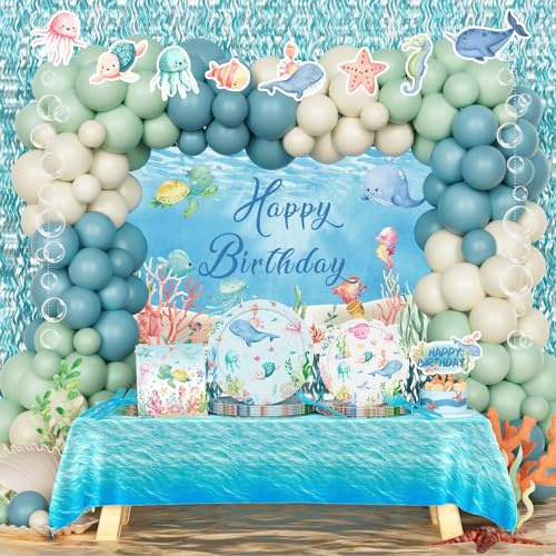 Fiesec Under The Sea Party Decorations, Ocean Animal Themed Birthday Party Supplies, Underwater World Birthday Backdrop Fringe Curtain Balloon Banner Tablecloth Cake Topper Plates Napkins Forks