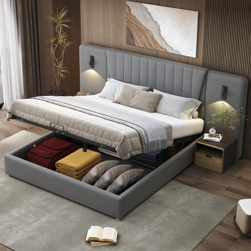 Moimhear Letto imbottito 180x200cm, con schienale extra lungo, lampada da lettura con direzione regolabile, con porta di ricarica USB, letto contenitore idraulico, letto matrimoniale, tessuto in