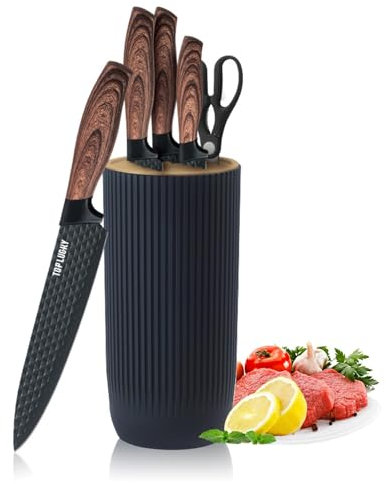 Chef Knife Set with Block, 6-Piece Kitchen Knives Set with Sharp Blades, Professional Knife Set with Ergonomic Handle, Non-Stick Stainless Steel Knife Block Set (Black)