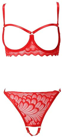 XFSRG Conjunto de Lingerie Sexy para Mujer Sujetador con Aros y Tanga Diseño en Tul Transparente Lencería Seductora y Erótica para Mujer (Rojo M)