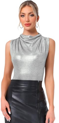 Allegra K Blusa Metálica para Mujer Camisetas sin Mangas con Cuello Vuelto Fruncida para Fiesta Brillante Plata S