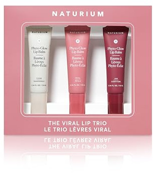 Naturium The Viral Lip Trio - Phyto-Glow Lip Balm With Shea Butter & Squalane, Sheer Tinted Color, Clear, Petal, Jam, 3 x 0.34 fl oz