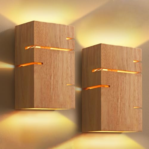 2 Stycken Vägglampa Inomhus Trä, E27 Vintage Industriell Vägglampa med Up & Down Effekt, Sänglampa 10W Varm vit 3000K, Vägglampor för Sovrum, Vardagsrum, Hall, Trappor, med glödlampa