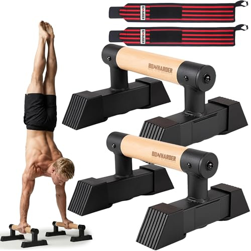 PRO Parallettes Bars for Calisthenics with Wooden Beech Handles | Wrist Support Wrap Included | Heavy-Duty Steel Base | Push-Up, L-Sit, Planche & Handstand Training Bars for Home, Outdoor & Gym Use