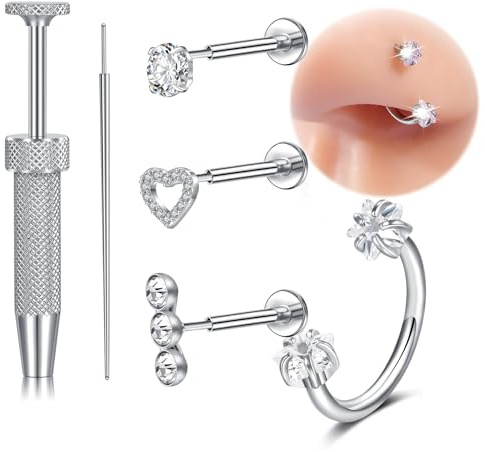 VFUN 18G 6pcs Push In Nose Stud Threadless Nose Ring Piercing Flat Back Earrings Nostril Piercing Septum Jewellery