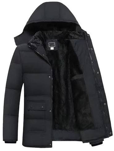 Tjock bubbelrock för män vinterparkas med huva vinterrock pufferjacka vindtät varm jacka (stor och lång), Svart 1, 3XL