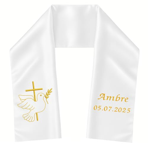 Atelier Fildor Étole de baptême personnalisée – Broderie colombe & croix – Prénom et date – Écharpe satinée blanche faite main (bébé/enfant) – 85×15 cm