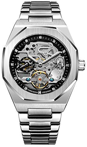 BOLYTE Tourbillon Design Men's Analog Automatic Stainless Steel Wrist Watch Mechanical Skeleton Male Clock (Silver Black)