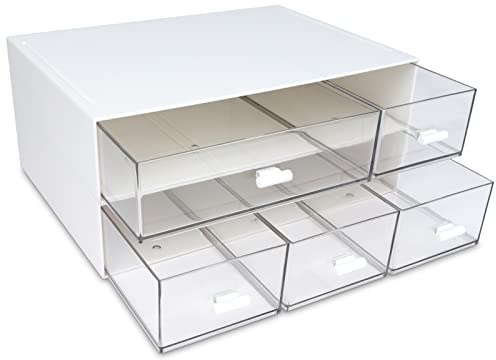 Desktop Organizer with 5 Drawers, BOJVESH 2 Tier Stackable Desk Storage Box, Stationary Organiser Desk Organizer for Office Supplies, Home Storage