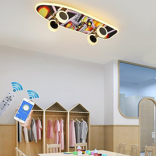 Lanekd LED Ceiling Lights Skateboard Lamp Children's Room Bedroom Decor Ceiling Lamp Modern Dimmable with Remote Control APP Control RGB Kids Girls Boys Lamps Children Youth Room Hanging Light (A01)