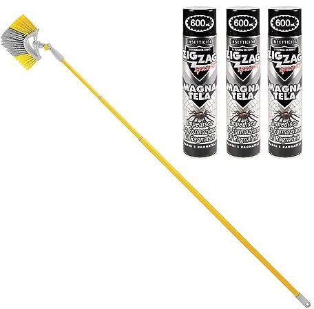 FERROELETTRA Scovolo Togli Ragnatele Allungabile Fino a 220cm + 3 Pezzi Insetticida Ragni Magnatela da 600ml - Spray Ragni e Ragnatele Pulizia Magna Tela