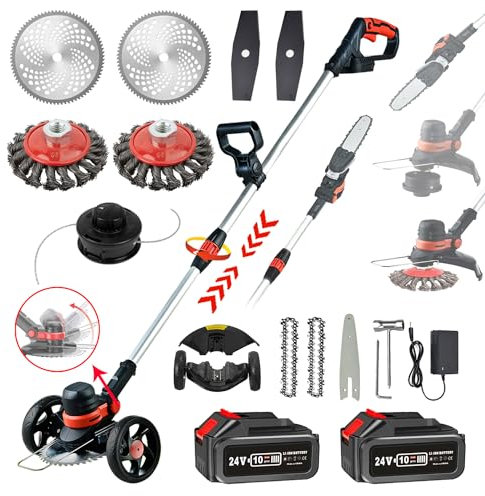 SHJICH Akku Rasentrimmer Mit Akku, 4-In-1 Multifunktion Rasentrimmer Akku, 8000mAh Freischneider mit unkrautbürste, 24V Akku Freischneider, 115~165cm Teleskop-Stiel,für Garden,Unkraut,Rasen,Zweig