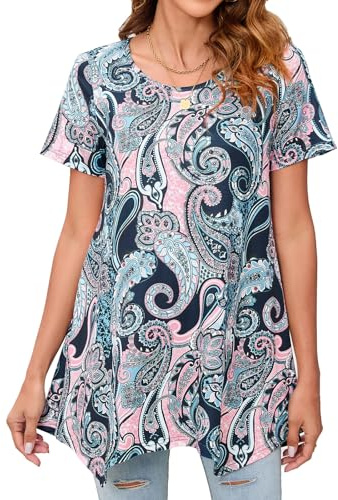 Enmain Tunic Tops for Women UK Short Sleeve Ladies Tunics Casual Summer Top for Leggings Loose Blouses T Shirts Round Neck Pink & Navy Blue M