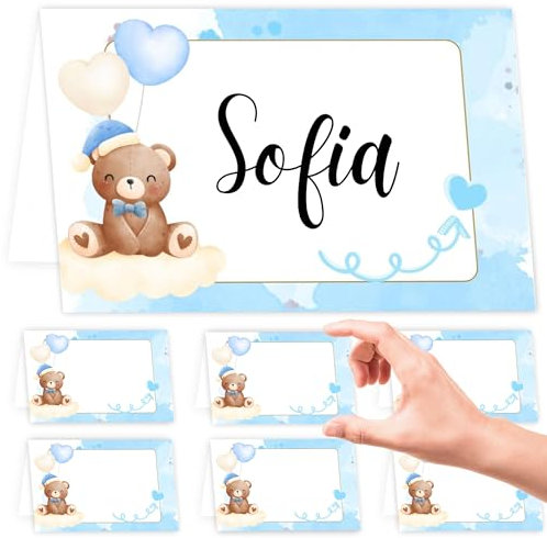 Segnaposto Battesimo Compleanno Bimba, 50 Segna Posto Tavolo Carino Orso Originale per Eventi, Segna Posto Decorazioni Tavola Battesimo Cerimonia Comunione Cresima (Blu)