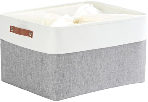 Mangata Fabric Storage Boxes, Thickened Canvas Storage Baskets with Handle for Shelves, Clothes Toys (XXL, Grey/White, with Drawstring,1 Pcs)