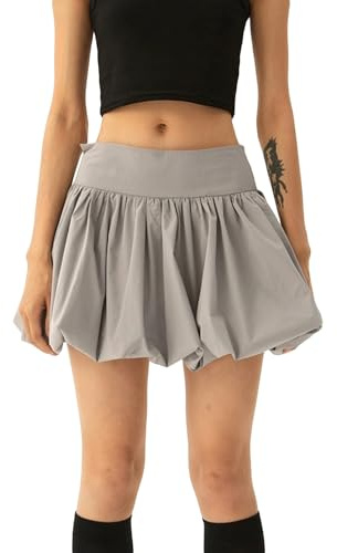 Owegvia Women Bubble Mini Skirt Casual Solid Color Elastic Waist Skirt Beach Vacation Puffy Short A-Line Balloon Skirt (Gray, m)