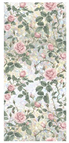 JOONOR Retro Pink Rose Flowers Window Privacy Film,3D Stained Glass Rose Rainbow Window Decals,Non-Adhesive Static Cling Sticker for Home Office,16.93 x 39.37 Inch