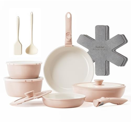 Redchef Juego de ollas y sartenes de cerámica antiadherentes, juego de 16 utensilios de cocina antiadherentes con mango desmontable, no tóxico, libre de PFAS PFOA y PTFE, juego de utensilios de cocina