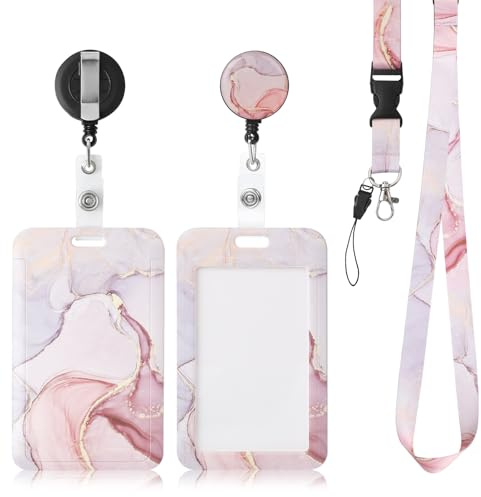 AiQInu Ausweishülle mit Band, Kartenhalter mit Schlüsselband, mit Einziehbaren Badge Reel Karabiner Clip & Abnehmbare Lanyard Strap, für Frauen, Lehrer, Krankenschwester, Doktor, Student (Rosa)