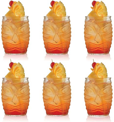 TESIN Juego de 6 vasos de cristal Tiki de 470 ml, vasos de bar transparentes Tiki, vasos de cóctel dobles antiguos para Mai Tai, Pina Colada, ponche, vasos de cristal para fiesta hawaiana Luau Party