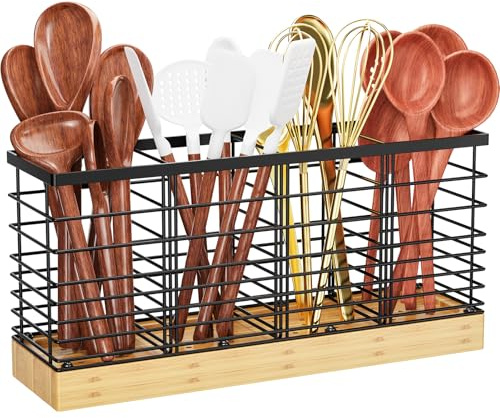 Yirilan Large Kitchen Utensil Holder, Cooking Utensil Holder for Counter, Cooking Holder for Spatula with Wooden Base, Kitchen Countertop, Farmhouse Cooking Utensil Storage (4 Compartments)