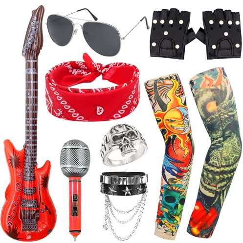 9 Piezas Disfraz de Rock Punk, Kit de Accesorios para Rockeros de Heavy Metal con Guantes Mangas de Tatuaje Pulseras Gafas Pañuelo Anillo de Calavera Guitarra Inflable Micrófono para Adultos Halloween