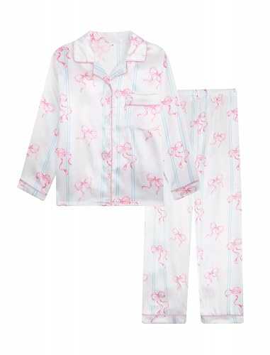 JiAmy Girls Satin Pyjamas Set 2 Piece Long Sleeve Button Down Nightwear with Bow Design Soft PJs