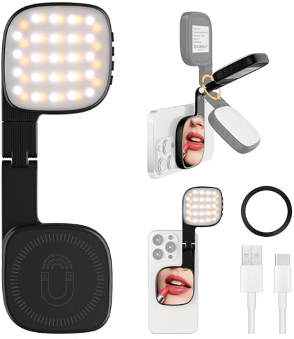 Magnetisches 3-in-1 Selfie Licht Mit Spiegel, 1000mAh Akku 48 LEDs & 10 Helligkeitsstufen (3000K-6500K), Tragbares Fülllicht Für Live-Streaming Und Make-up, Schwarz