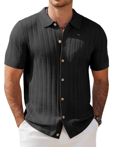 COOFANDY Men's Short Sleeve Knitted Polo Shirts Stretch Cable Knit Full Button Golf Shirt Polo T-Shirt