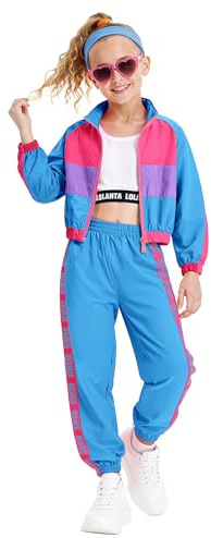 LOLANTA 3 pezzi vestiti hip hop per ragazze, tuta colorblock retrò anni '80, canotta corta, giacca con cerniera, pantaloni jogger, azzurro cielo, 8-9 anni, 140