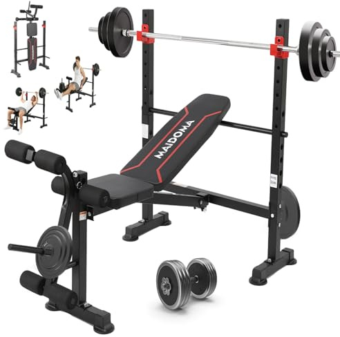 MAIDOMA Foldable 750LBS Standard Weight Bench with Leg Extension and Squat Rack, Bench Press for Full Body Workout, Adjustable Flat Incline Decline Workout Bench（US Stock）