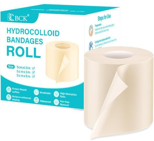 Apósitos Hidrocoloides, Apósito Hidrocoloide Rollo 5cmx150cm Transpirable y Cortable, Vendas Impermeables para Heridas con Exudado Leve, Ampollas y Acné