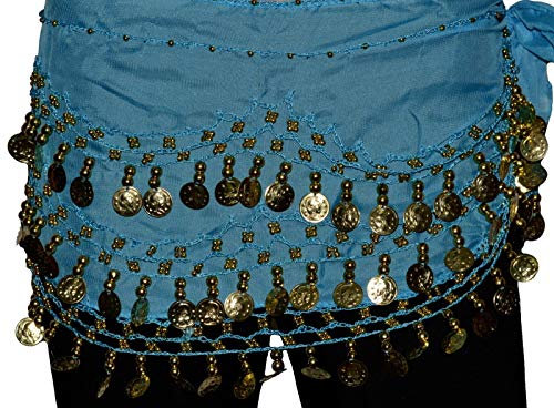 Tanzbekleidung & Accessories BAUCHTANZ MÜNZGÜRTEL HÜFTTUCH BELLY DANCE BAUCHTANZGÜRTEL HIP SCARF KARNEVAL XXL (142 Münzen, Türkis)