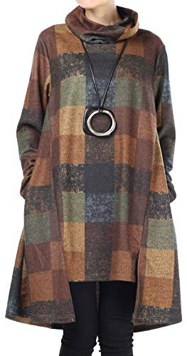 FTCayanz Damen Rollkragen Tunika Kleid Vintage Langarm Kariert Shirt A-Linie Pullover Oberteile mit Taschen Gelb L