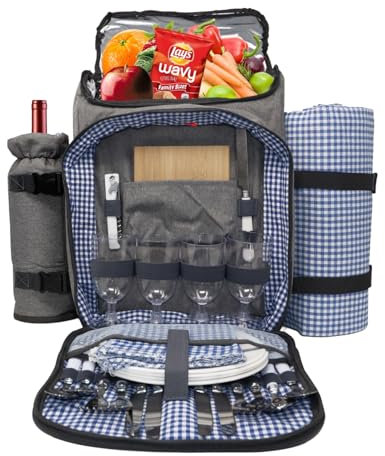 Nature Gear XL picknickryggsäck – klassisk 4 personer isolerad design – vattentät filt och fullt bestickset blå