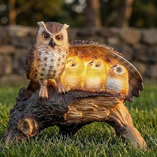 GloBrite Solar Owl Family Light | Mother Children Wing Log Statue Figurine LED for Outdoor Decorations | Resin Accessories Porch Ornaments | Patio Lawn Yard Garden Decor