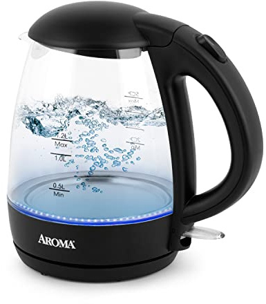 AROMA® 1.2L / 5-Cup Glass Electric Kettle with Cordless Pouring, Trigger-Release Lid, Automatic Shut-off, Black (AWK-151B)