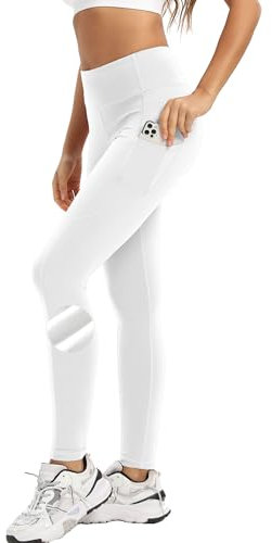 adorence Thermo Leggings Damen Gefüttert High Waist mit Taschen, Thermoleggings Damen Winter Lang Fleece Thermohose für Sport & Yoga Weiße -L