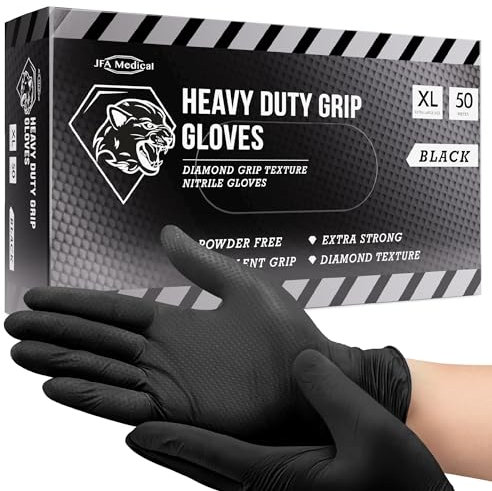 JFA Medical Disposable Heavy Duty Mechanic Powder Free Latex Free Black Diamond Grip Nitrile Gloves - Box of 50 (Extra Large)