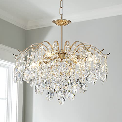 Saint Mossi 6-Light Gold Crystal Chandeliers, Middle Century Dining Room Light Fixture, Modern Pendant Light for Living Room, D20 x H17, Adjustable Chains 59, Chopper Finish Metal Frame