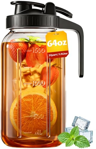 64 oz Mason Jar Pitcher – Airtight & Leakproof Glass Pitcher with Lid, Perfect for Iced Tae, Sun Tea, Cold Brew, Breastmilk, 2 Quart (1/2 Gallon) Mason Jar with Pour Spout Lid Flip-Cap & Handle