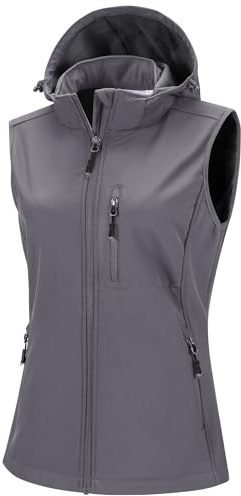 33 000 fot softshell västar för kvinnor med avtagbar huva fleece fodrad ärmlös jacka vattentät vindtät sportväst väst med 5 fickor för ridning löpning vandring, LJUSGRÅ, XXL