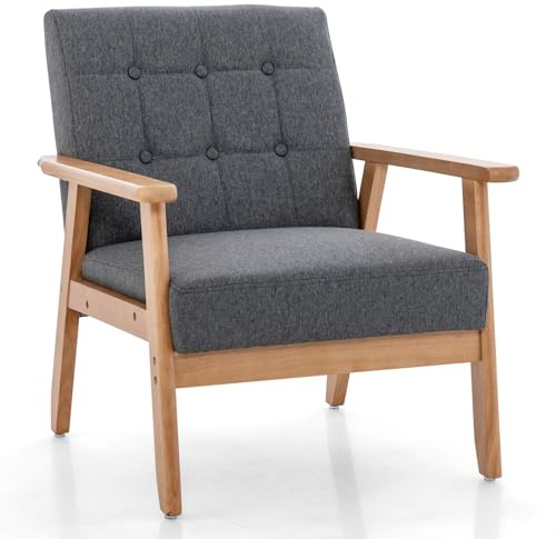 COSTWAY Modern Accent Chair, Button Tufted Linen Fabric Upholstered Lounge Armchair with Solid Rubber Wood Frame, Mid-Century Modern Leisure Sofa Chair for Living Room Bedroom Study, Grey