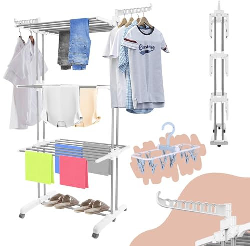 Coastech Wäscheturm - Klappbare Füße, Seitenflügel, Wetterfest, Stabile Räder - Platzsparend, Einfach zu Bewegen, Für Innen und Außen - Wäscheleine, Trockner, Wäschekorb, Ständer, Wäsche (Weiß)