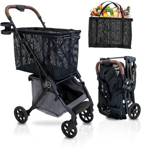 Strolee personlig lyxig hopfällbar kundvagn med premiumhjul – ultralätt aluminiumram – avtagbar shoppingväska med bärrem och lägre livsmedelsförvaring 34 kg total kapacitet skugga