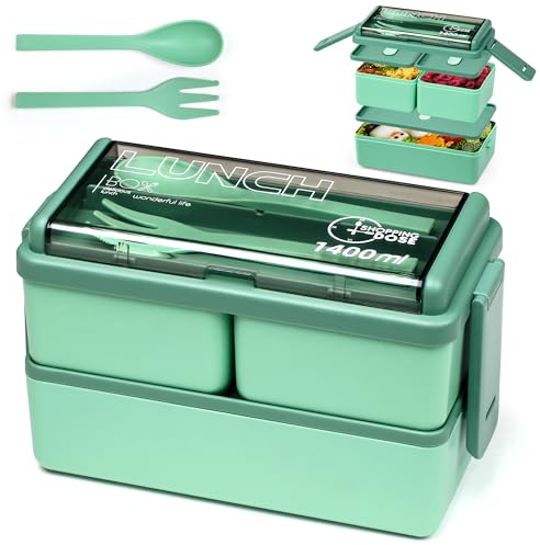 Shopping Dose Bento Box, 1400ml Stackable 2 Layer Leak Proof Bento Lunch Box with Cutlery, 3 Removable Compartment Lunch Box Adults, Kids & Office, Microwavable LunchBox (Green)