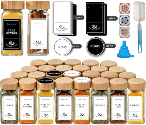 Danillous ‌Square Spice Jars Set of 24 with Stainless Steel Lids: Includes Shaker Inserts, Pre-Printed English Labels (180 Spices), Black & White Stickers, Silicone Funnel & Cleaning Brush‌