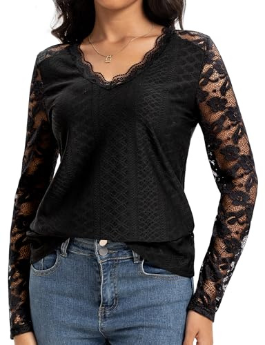 Becellen Blusas Mujer Elegantes, Moda Encaje Camisa con Cuello en V Túnica Color Elegante Blouses Manga Larga Casual Camisetas para Otoño Primavera